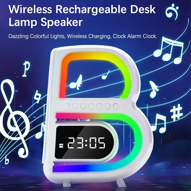 Big B Bluetooth 5.3 Speaker Wireless Charging Clock Speaker Table Lamp Bedroom Colorful Atmosphere Light Bedside Lamp