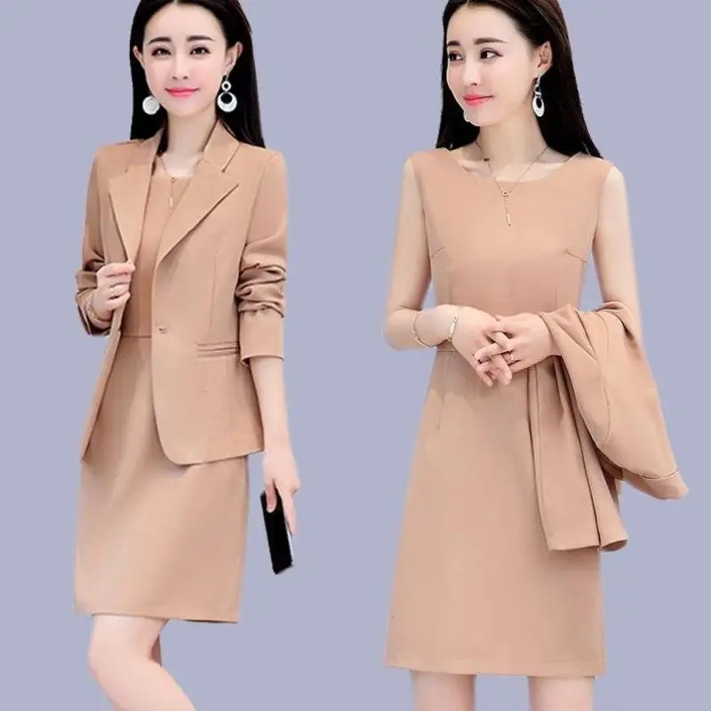 

New Bussiness Wear Women Spring Autumn Blazers Mini Dress 2 Piece Set Office Lady Graceful Suit Jacket Tank Dresses Outfits 2023