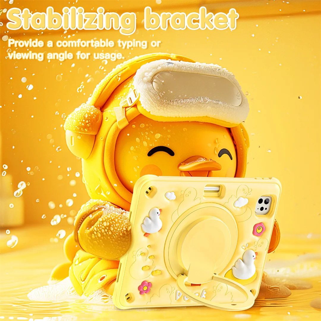 

Cute Duck Design For iPad 10.2 10 11 2025 Air4 Air5 Pro11 Air 11 Mini6 Mini7 Shockproof Silicone Case With Rotating Stand Strap