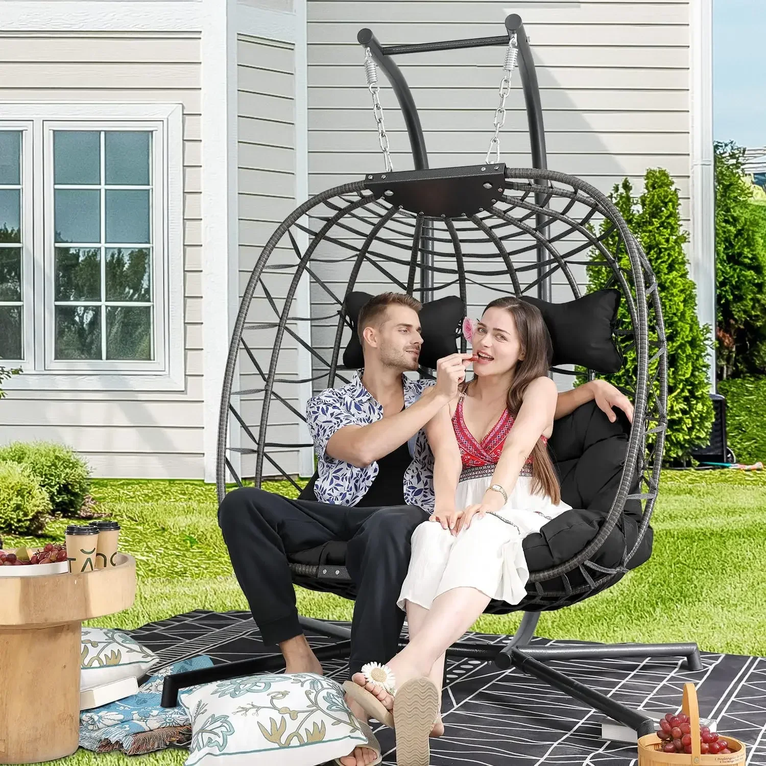 

NICESOUL® Double Egg Chair Oversized 2 Person Patio Swing Chair with Stand, Indoor Outdoor Large PE Wicker Egg Shaped Hanging Eg