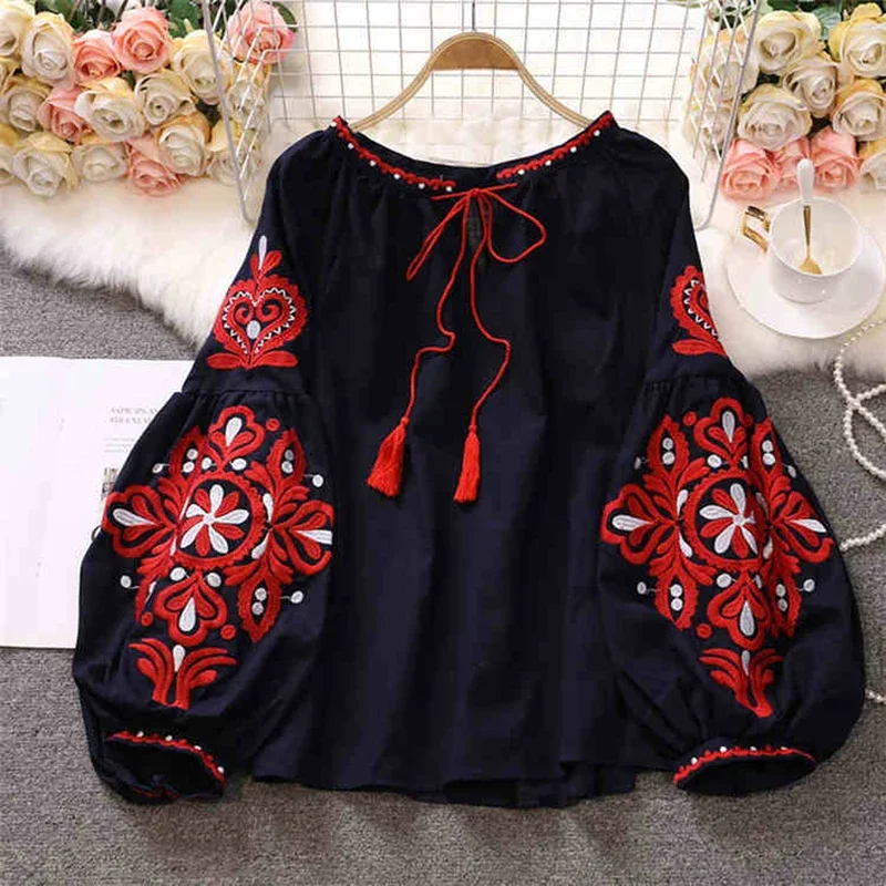 Women\'s Retro Blouse National Style Embroidered Lace-Up Tassel V-Neck Lantern Sleeve Tops Loose All-Match Female Blusa PL536