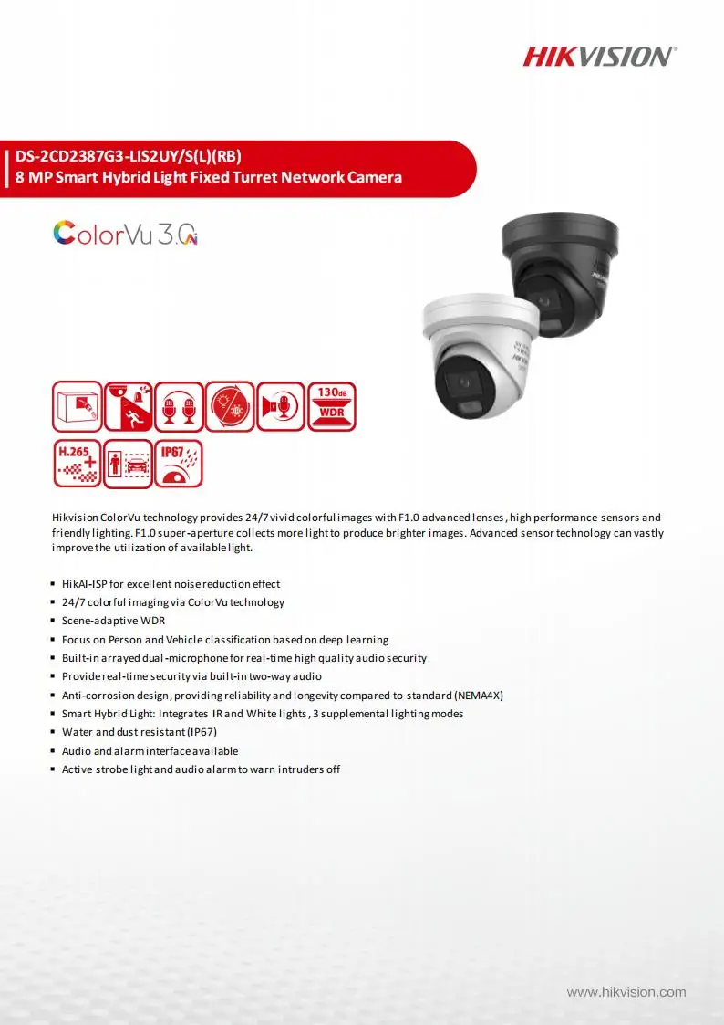 Black Hikvision ColorVu 8MP IP Camera 4K Outdoor DS-2CD2387G3-LIS2UY/SL 1/1.8