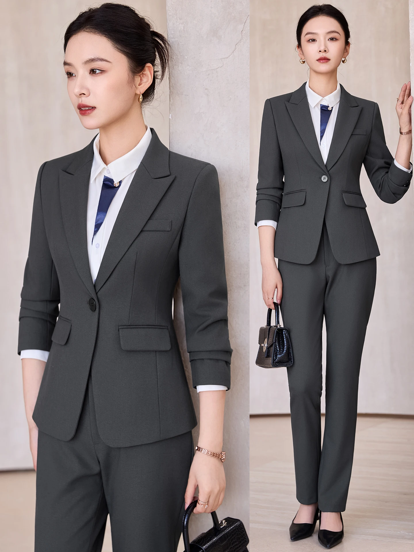 

Deep Grey Suit Set for Women Spring Autumn Professional Commute Interview Formal High End Manager Workwear Hotel Uniform