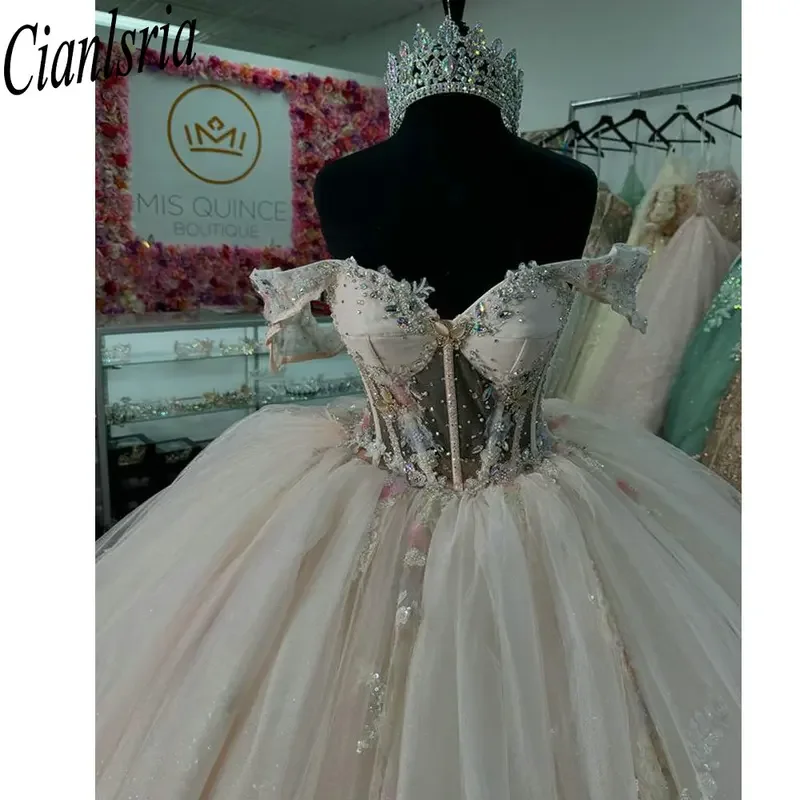 Gorgeous Illusion Beading Crystal Quinceanera Dresses Ball Gown Off The Shoulder Appliques Customized Corset Dresses Of XV Anos