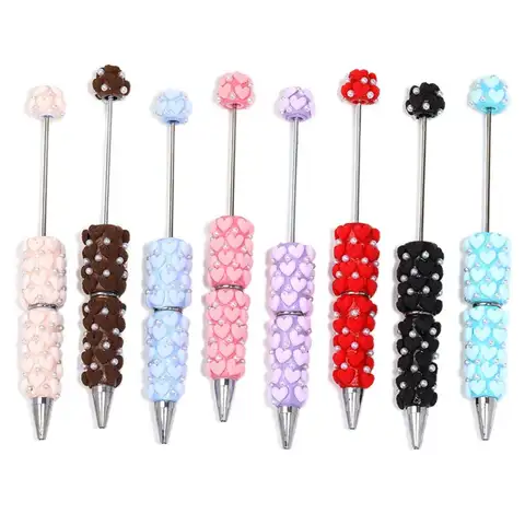 Pearl DIY Clay Heart Bead Pen Black Ink Full Diamond Flocked Heart Beaded Pen Handmade Glitter Bead Beaded Ballpoint Pen