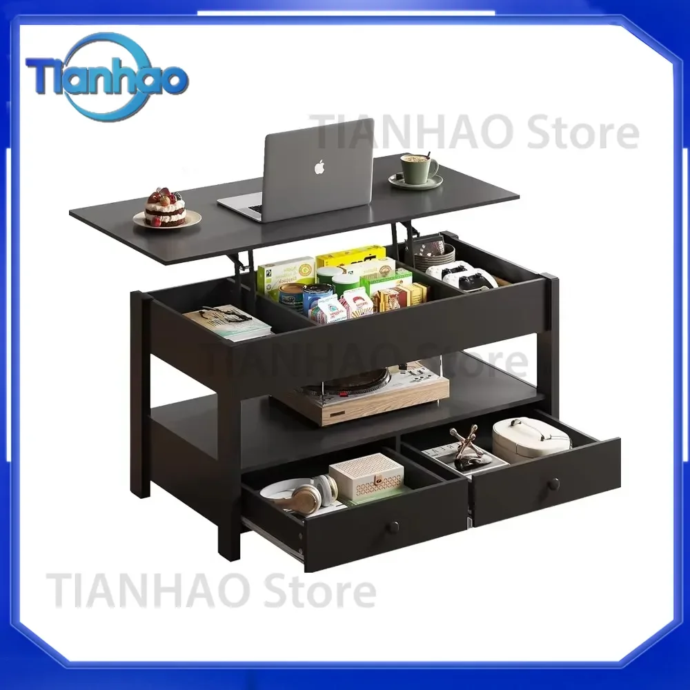 WLIVE 100cm Lift Dining Table for Living Room Black Coffee Table with 2 Drawers and Large Hidden Compartment