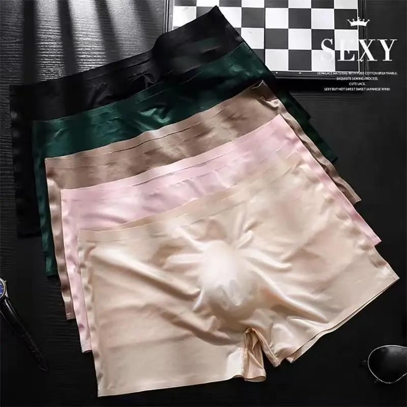 

Men Seamless Ultra-thin Boxer Shorts Ice Silk Solid Color Underwear Satin Silky Panties Breathable Sexy U Bulge Pouch Underpants