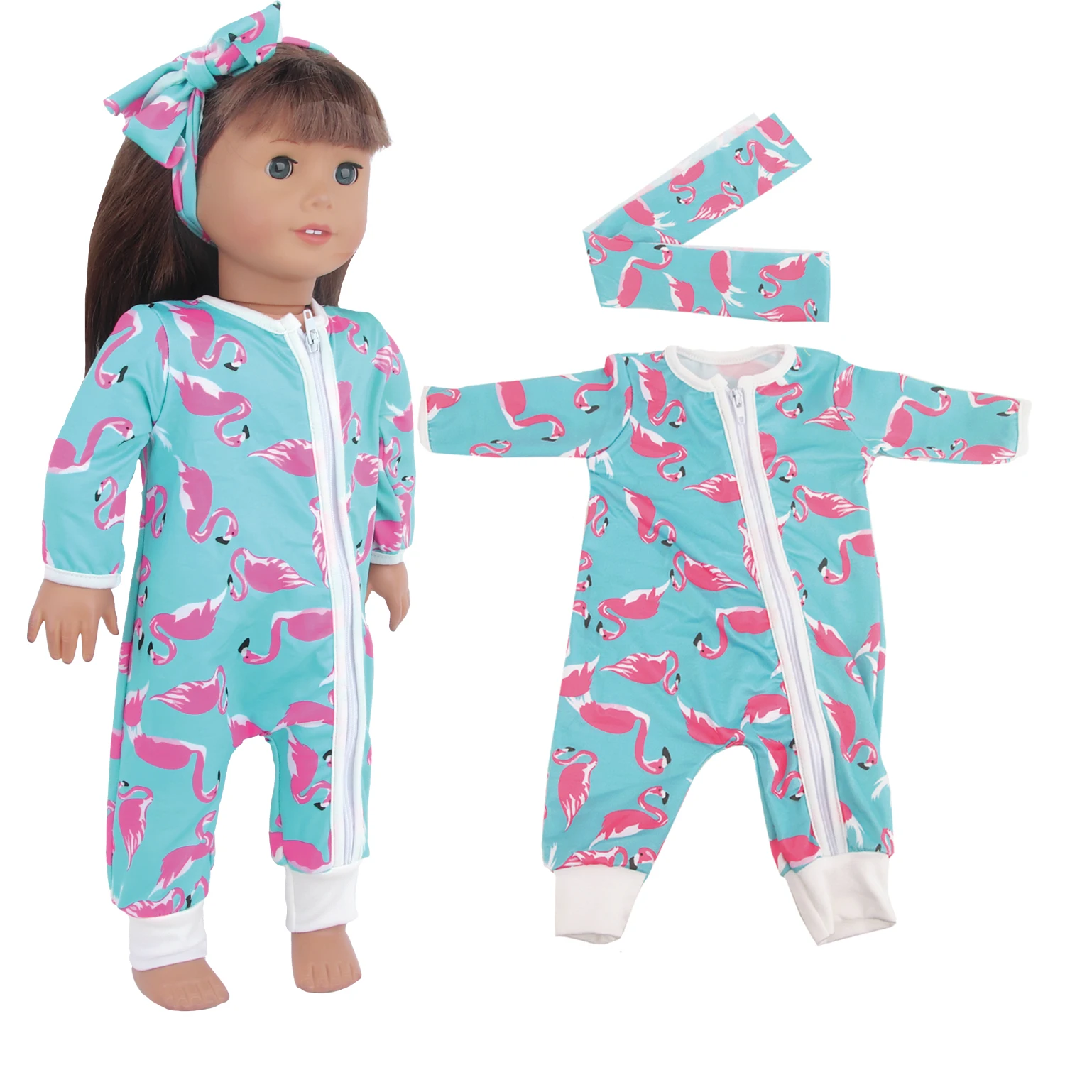 18 Inches American Doll Clothes Flamingo Jumpsuits+Headband Clothing Suit For 43cm Baby New Born&OG Girl,Russia DIY Dolls Toy