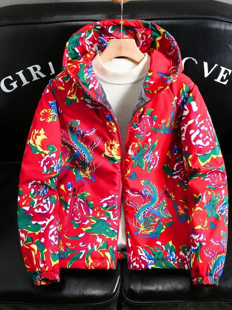 

plus Size Thiened Fce Lined Loose Men's Cotton Jaet Winter Warm Coat Floral Print Hooded Casual Outerwear Polyester Fiber