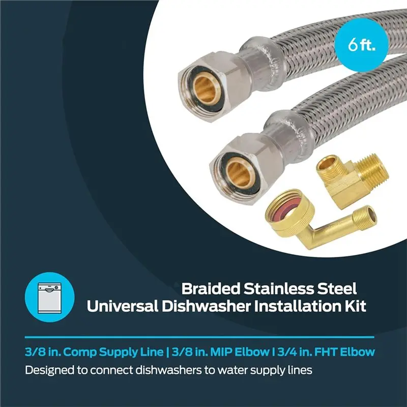N98R 6 Ft Dishwasher Installation Kit, Braided Stainless Steel Supply Line With 3/8 Inch Compression Ends
