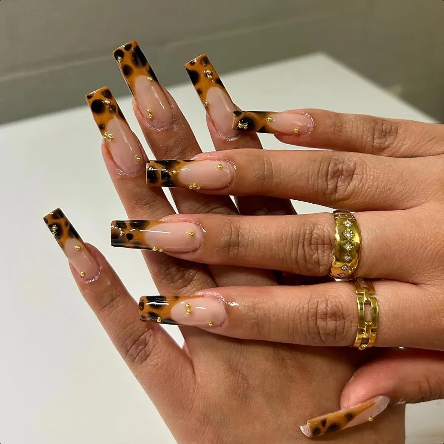 

Square Pr on Nails Long Fake Nails Brown French Tip Glue on Nails Cheetah Design Fall Acrylic Nails 24Pcs Manicure Ombre Squova