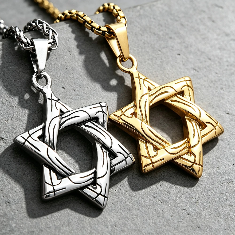 Davidstern Hexagramm Anhänger Halskette Unisex Vintage Gothic Biker Jüdischer Rock Talisman Edelstahl Schmuck Geschenke Dropshipping – Detail 3