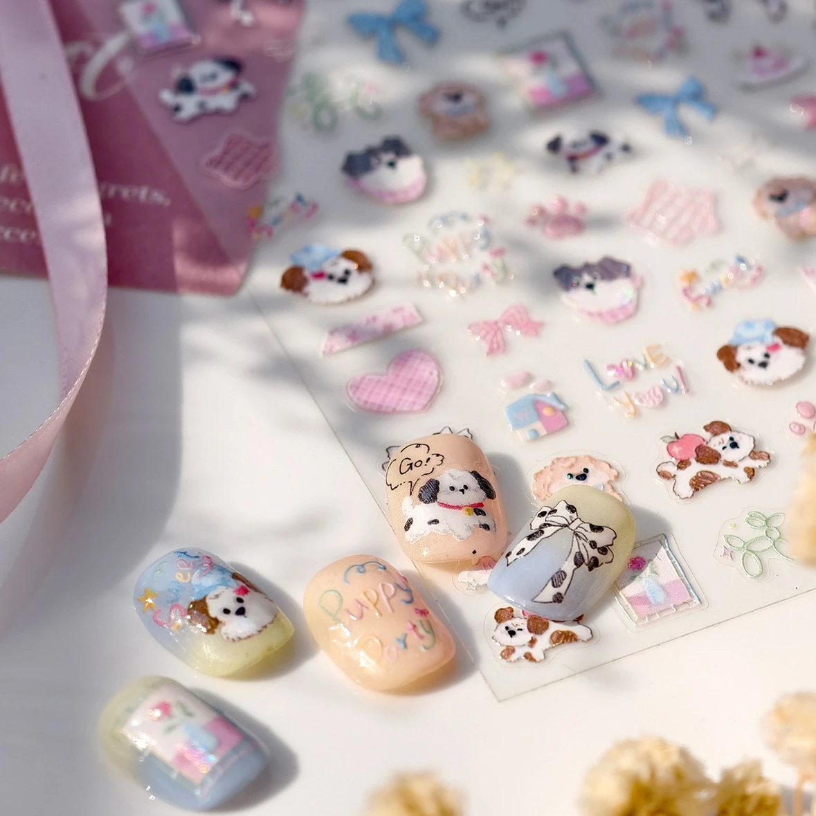 Mignon chiot coeur nœud papillon chien étoiles chat griffe imprimer fleurs champignon nuage fraise pomme lapin horloge Nail Art autocollants décalcomanies