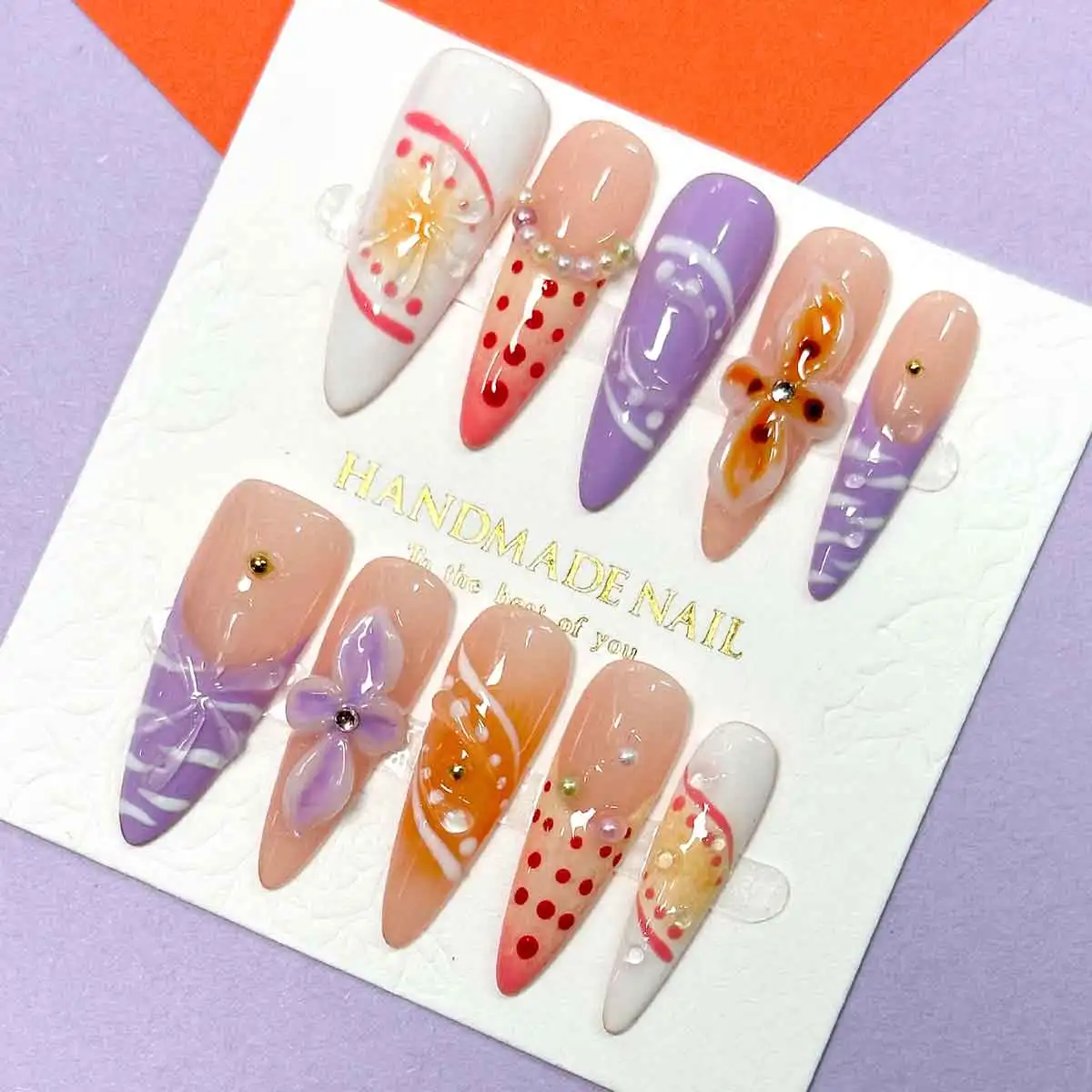 10pcs/Set Handmade Long Thin High-heeled Finger Nails ，Y2K Nails，Macaron French Hand-Painted Carved Pearl Decorated Fake Nails