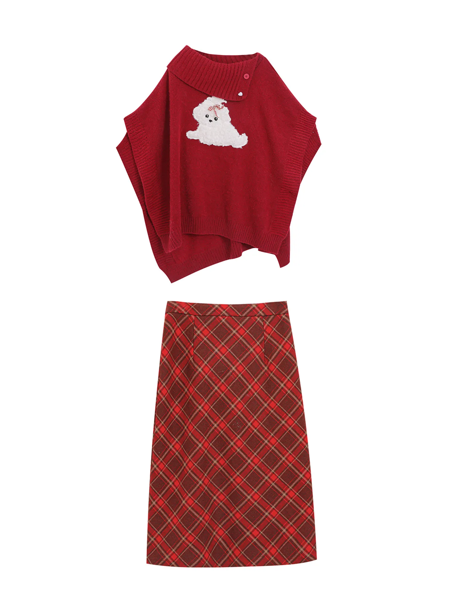

plus Size Women's Faionable Red Knitwear Coat And Plaid Skirt Set Spring New Arrival Korean Sle Slimming Ensemble