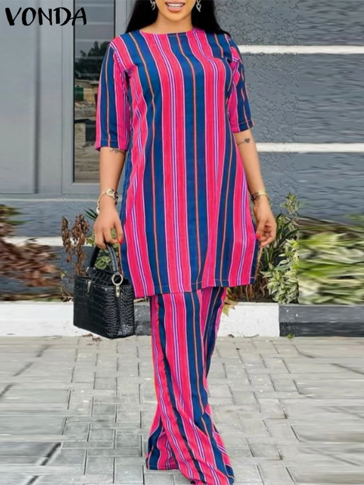 Plus Size 5XL VONDA Women Pants Sets 2024 Summer Matching Sets Vintage Striped Suits Casual Loose Half Sleeve Tops and Pants