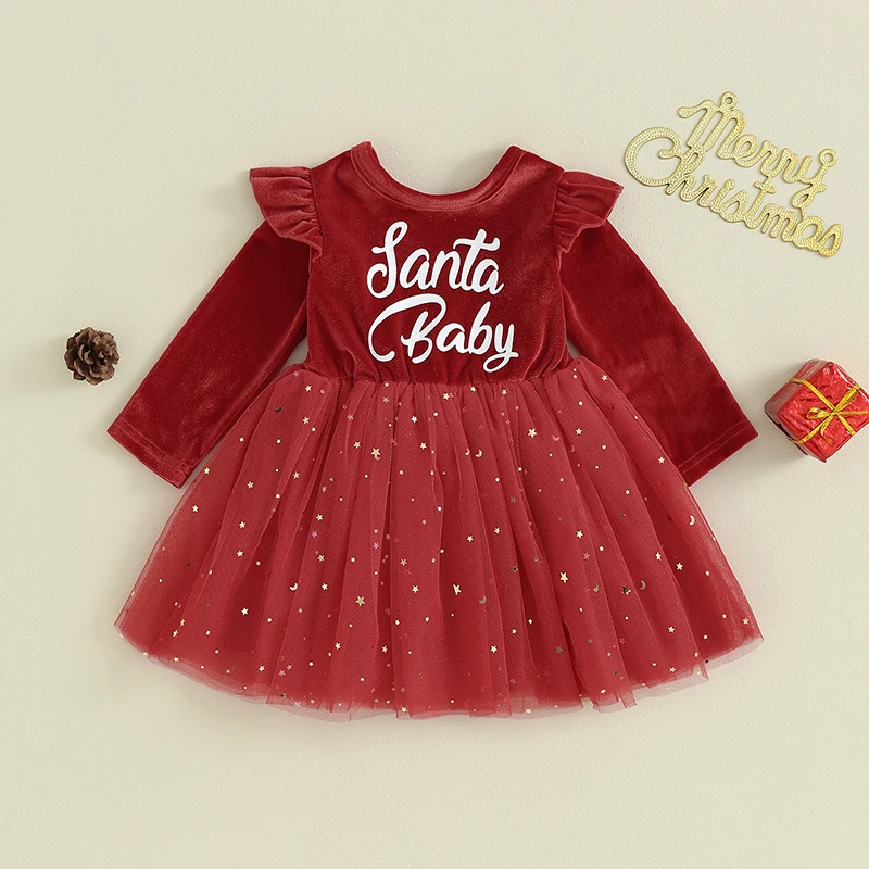 

1-5years Girls Christmas Dress Long Sleeve Sequin Mesh Tulle Party Dress for Toddler Girls Winter Clothes with Snowflake Print