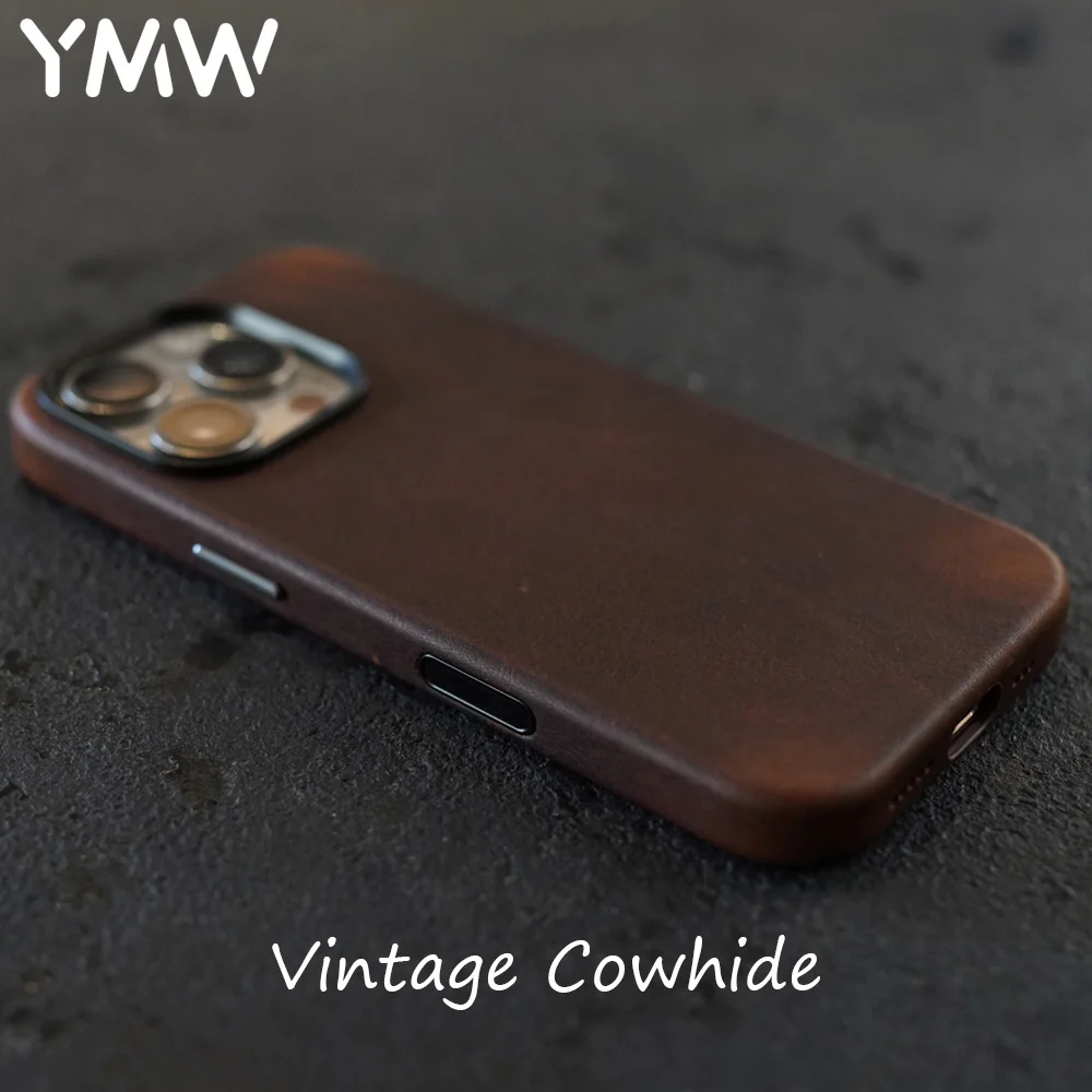 

YMW Scratc Crazy Horse Genuine Leather Case for iPhone 16 15 14 Pro Max Plus 14 13 mini Magnetic PULL-UP Cowhide Phone Cover