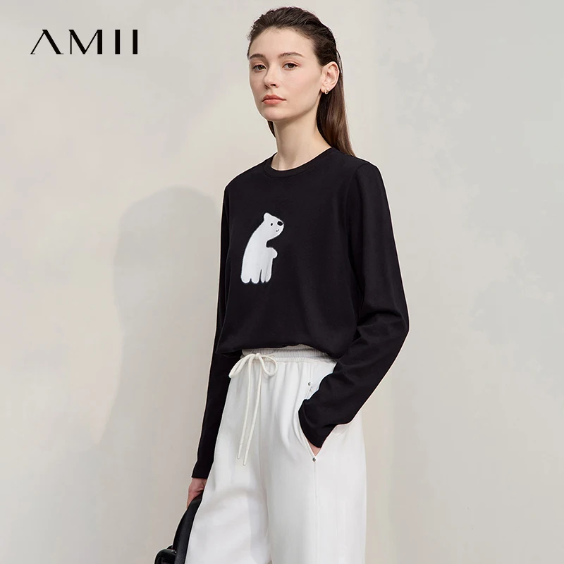 

AMII Women's T-shirt 2025autumn New Minimalist Long Sleeves Top Women Casual Versatile Cotton Printed O-Neck Ladies Tops12523101