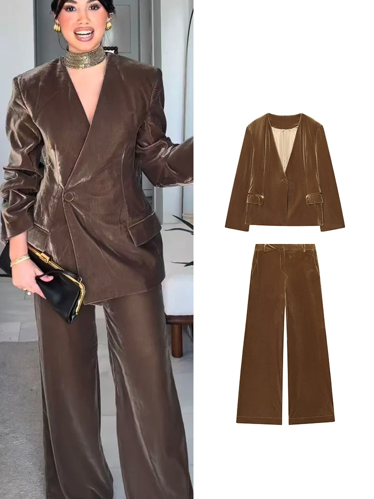 ชุดกางเกงกำมะหยี่ผู้หญิงสุดหรู 2 ชิ้น แฟชั่นเสื้อเบลเซอร์กระดุมเดี่ยวแขนยาว กางเกงขายาวทรงกว้าง ซิป ชุดทำงานใหม่สำหรับฤดูใบไม้ผลิ