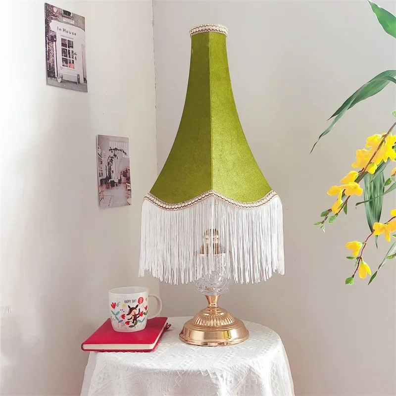 Vintage European Lampshade Green Satin Fabric Lamp Shade Handmade Tassel Light Shade For Table Lamp Floor Light Home Decor