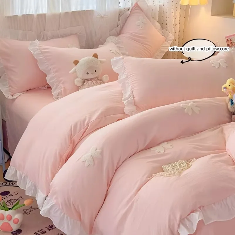 4 Piece Sheet Set  pink bowknot embroidery Quilt Set ,comfortable embroidery  Bedding Set Bedspread for All Season