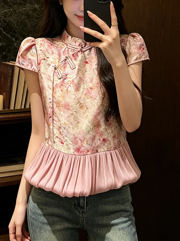 

plus Size Traditional Chinese Button Short Sleeve Shirt Women's Beautiful Top Korean Style Loose Fit Summer New Arrival