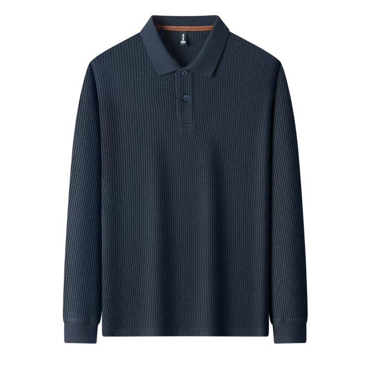 Langarm-Poloshirt aus Waffelstrick – Weiche Baumwollmischung, Slim Fit, Lässiges Business-Oberteil für Herbst und Winter, Mehrfarbig – Detail 9