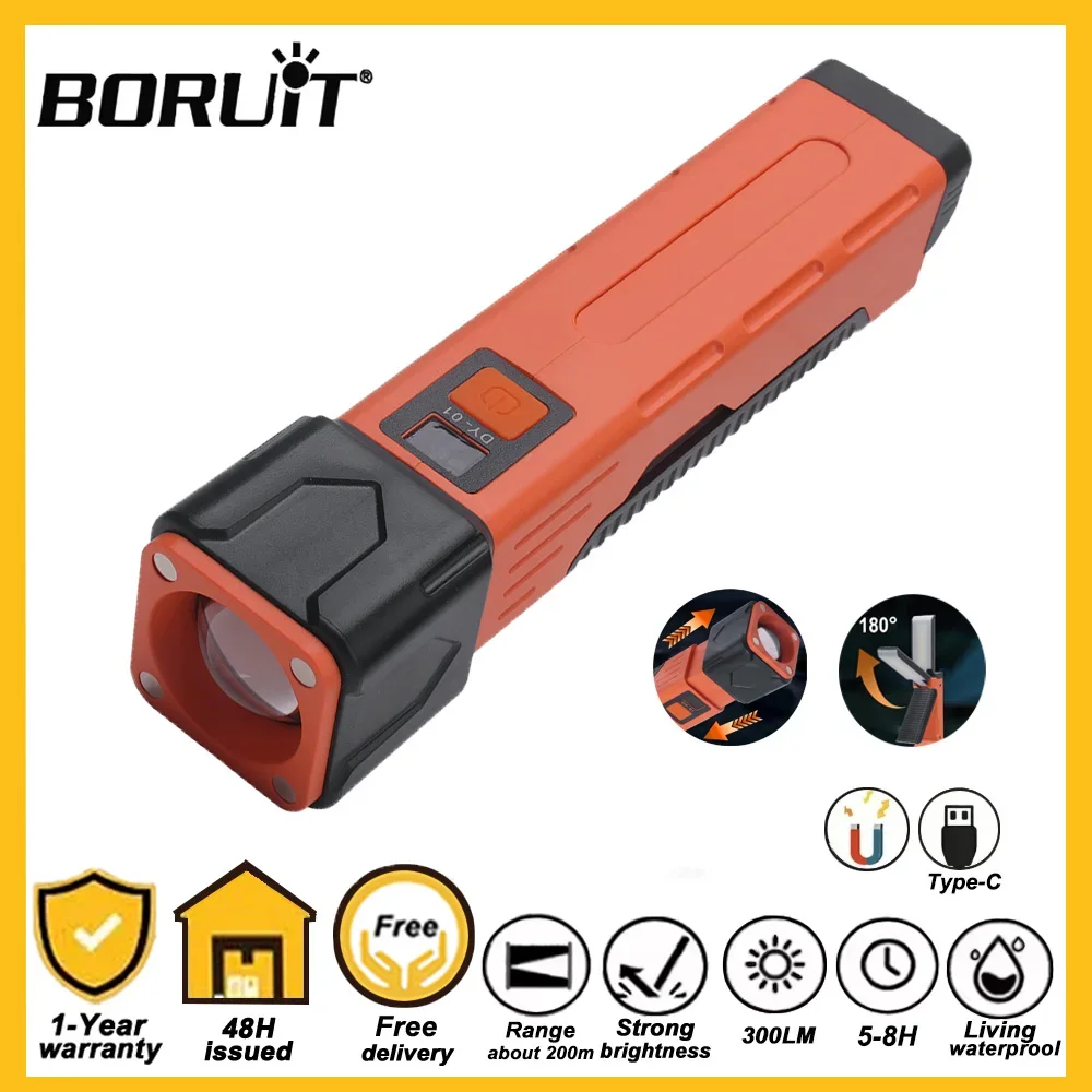 

Портативный светодиодный фонарь BORUiT COB, рабочий фонарь, перезаряжаемый через USB-C, складной фонарь с магнитом и цифровым дисплеем, функция Power Bank