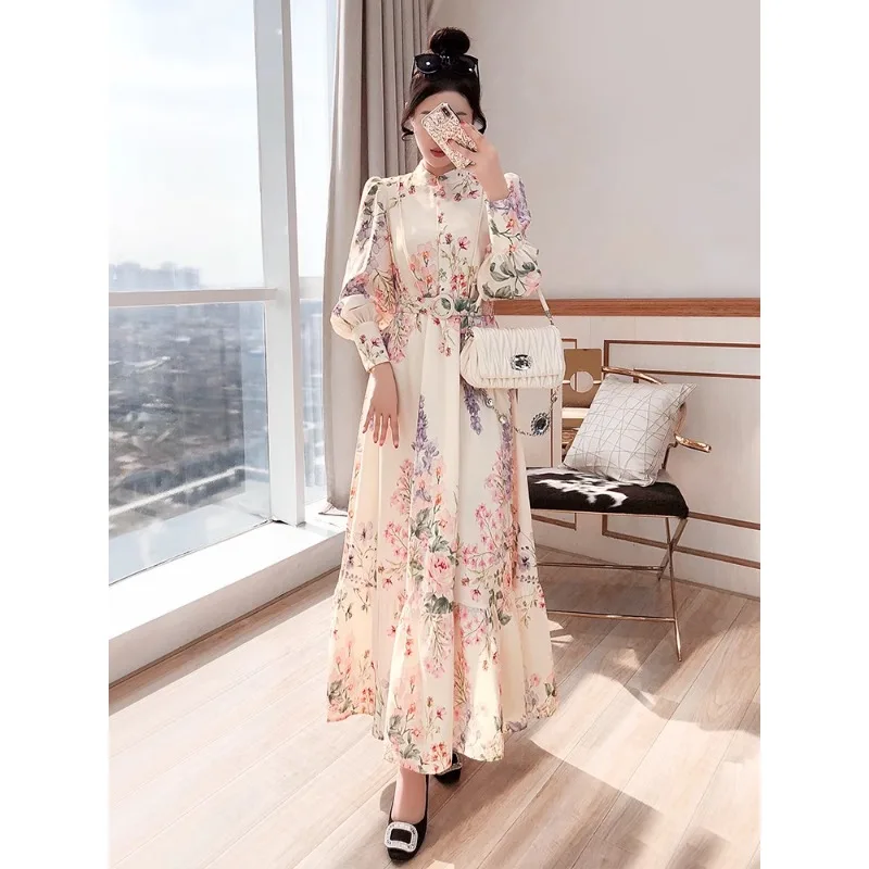 

Flower skirt autumn 2024 new women's long shirt style long skirt retro waist slimming floral dress robe argent