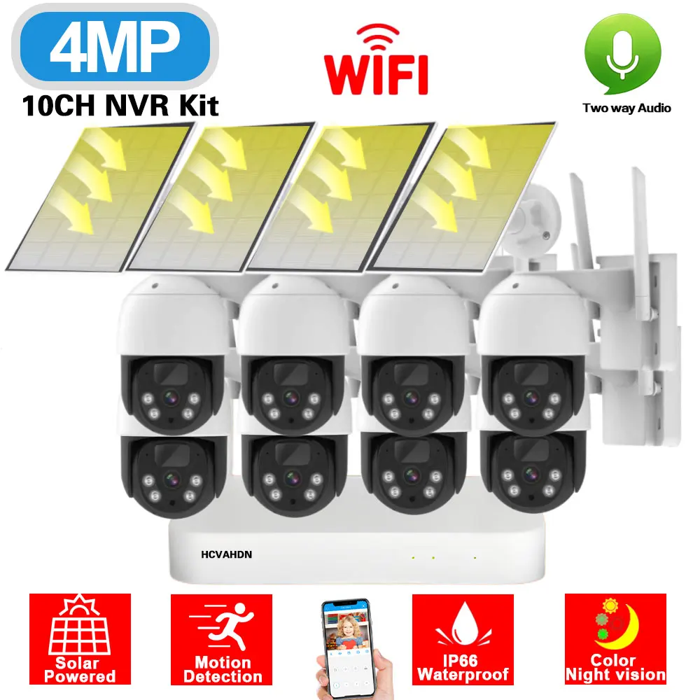 

8CH 5MP Wifi NVR Kit Outdoor Solar PTZ CCTV Camera Security System Kit 4MP Color Night Vision Battery Powered IP Camera Set 4CH