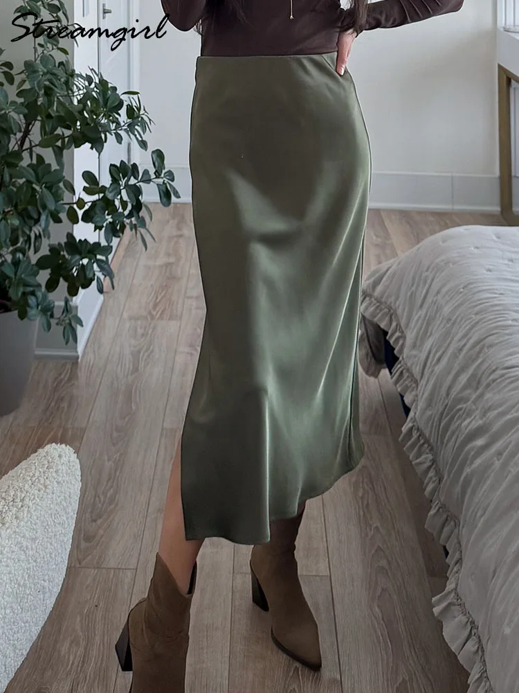 Streamgirl Office Black Midi Skirts For Women High Waist Elegant Silk Skirt Ladies Solid Women Satin Skirt With Slit On The Side