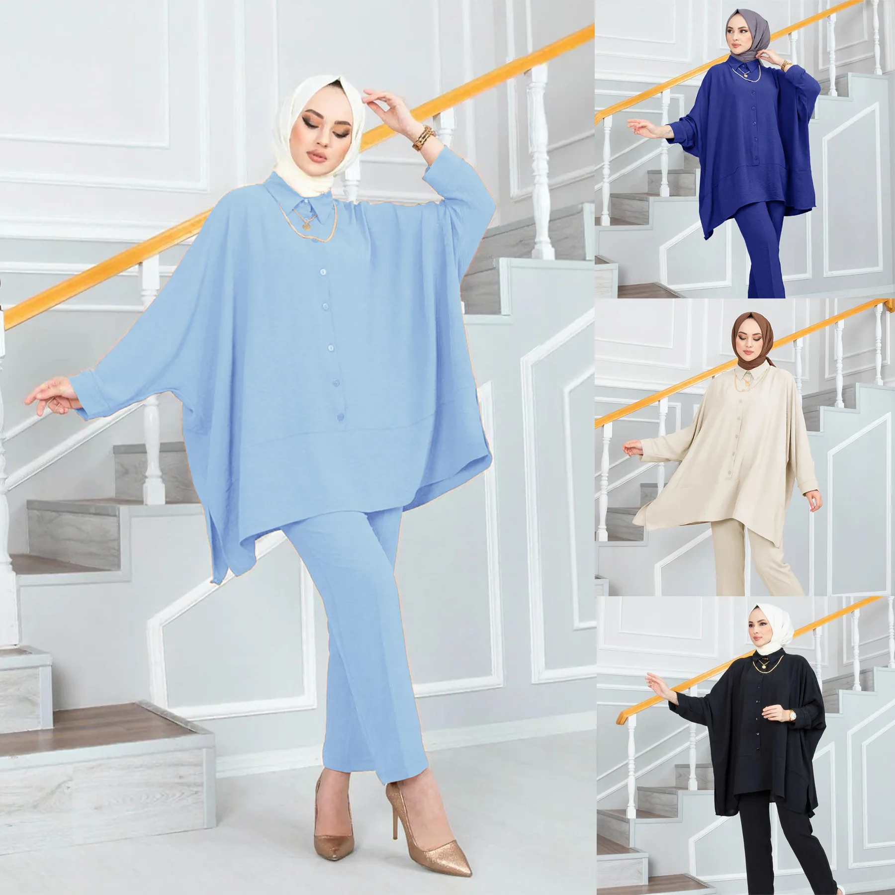 

Ближний Восток, новая мода, женские однотонные повседневные модные свободные элегантные комплекты из 2 предметов, рубашки с длинными рукавами, прямые брюки женские