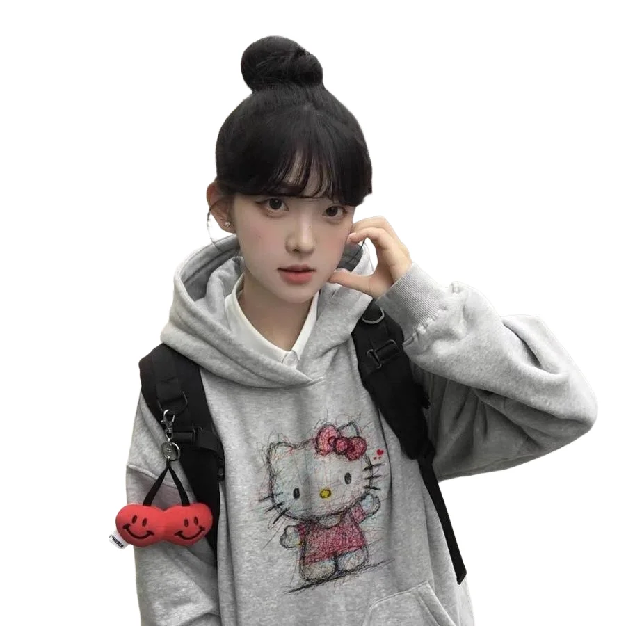 سترة سانريو هالو كيتي بغطاء للرأس بأكمام طويلة للفتيات والخريف والشتاء، سترة كارتونية من القطن الخالص كوالي للطلاب والكلية #4