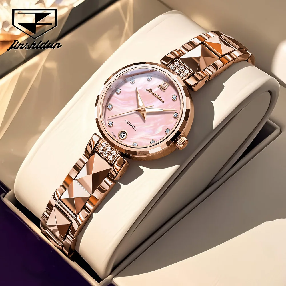 JSDUN 8988 ساعة نسائية فاخرة أنيقة سويسرية كوارتز حركة ساعة اليد مقاوم للماء التنغستن الصلب السيدات تاريخ طقم ساعات هدية صندوق