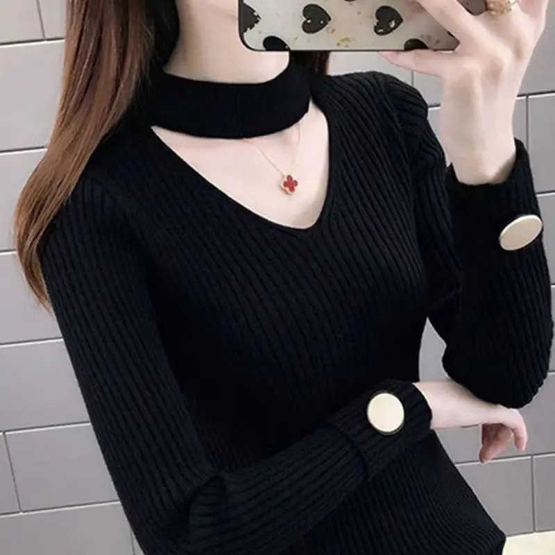 Autumn Winter Women\'s Half High Collar Solid Color Pullover Long Sleeve Screw Thread Hollow Out Sweater Knitted Elegant Tops