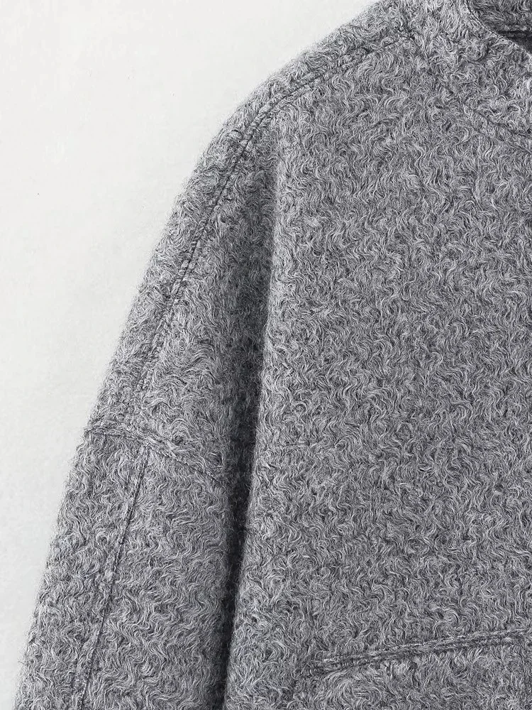HH Elegante Damen-Bomberjacke mit Elastischem Saum, Einfarbig, mit Taschen, für Winter, Freizeit, Urlaub, Mode, Party, Einreihig, Oversized – Detail 4
