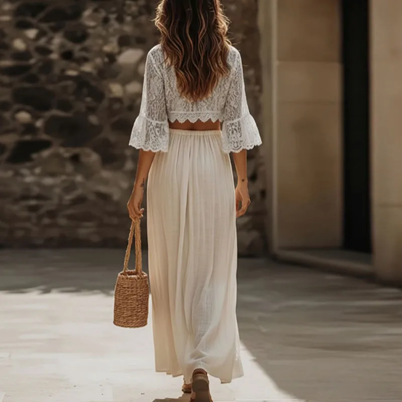Womens Bohemian Lace Two Piece Set Sexy Deep V Neck Crop Top+High Waist Slit Maxi Skirt Vacation Outfit Flare Sleeve Hollow Suit view 2