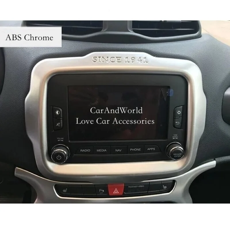Stainless/ABS Chrome For Jeep Renegade 2016 Front Center Console Navigation Screen Player Panel Cover Trims Accessories