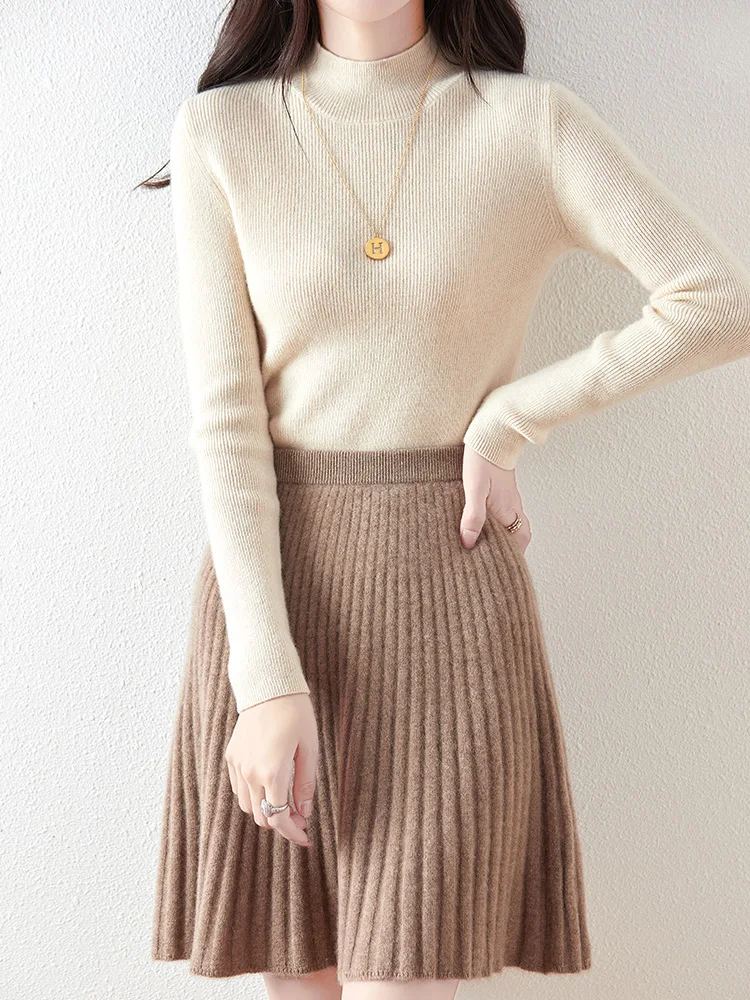 Women's Wave Short Skirt 100% Merino Wool Mini Skirts Autumn Winter Sweater Umbrella Skirt High Waist Stretch Sweet Knit Dresses