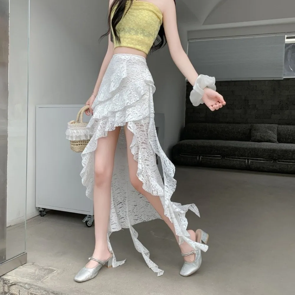 Sweet Ruffles Lace Irregular Hem Skirt Multi-Layered Y2k Lace Tassels Skirt High Waist Skinny Versatile Bottoms Daily