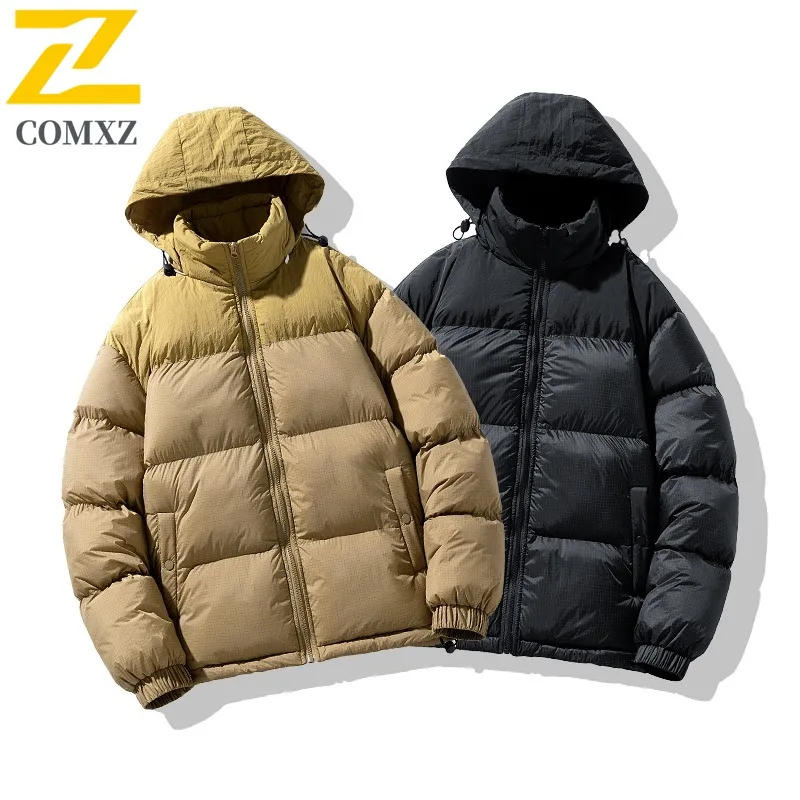 

COMXZ 2025 Winter Jacket New Hooded Cotton Coat Color Block Snowboard Thickened Padding Coat Versatile Wear Daily Outerwear
