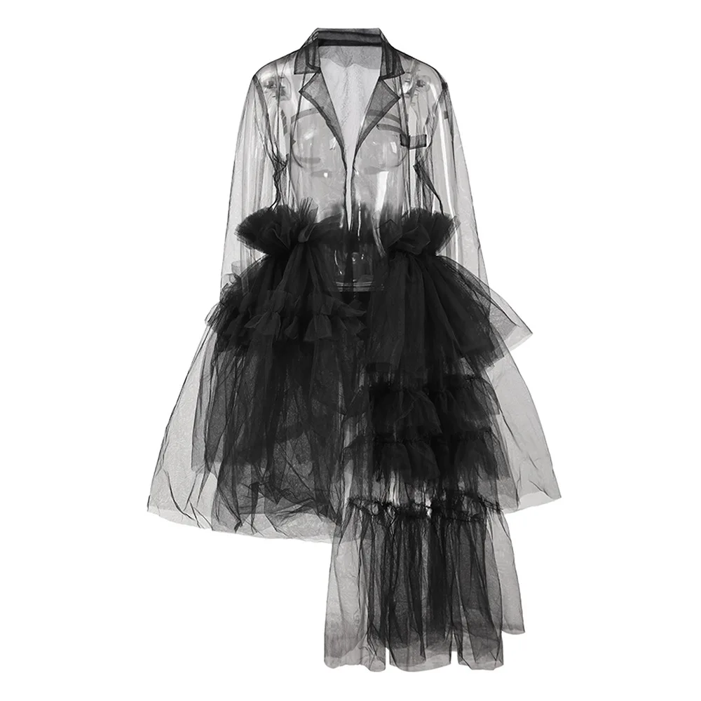 

Tulle Women Suit 1 Piece Long Blazer Black Sexy V Neck Formal Office Lady Work Wear Long Jacket Coat Ruffles Prom Dress