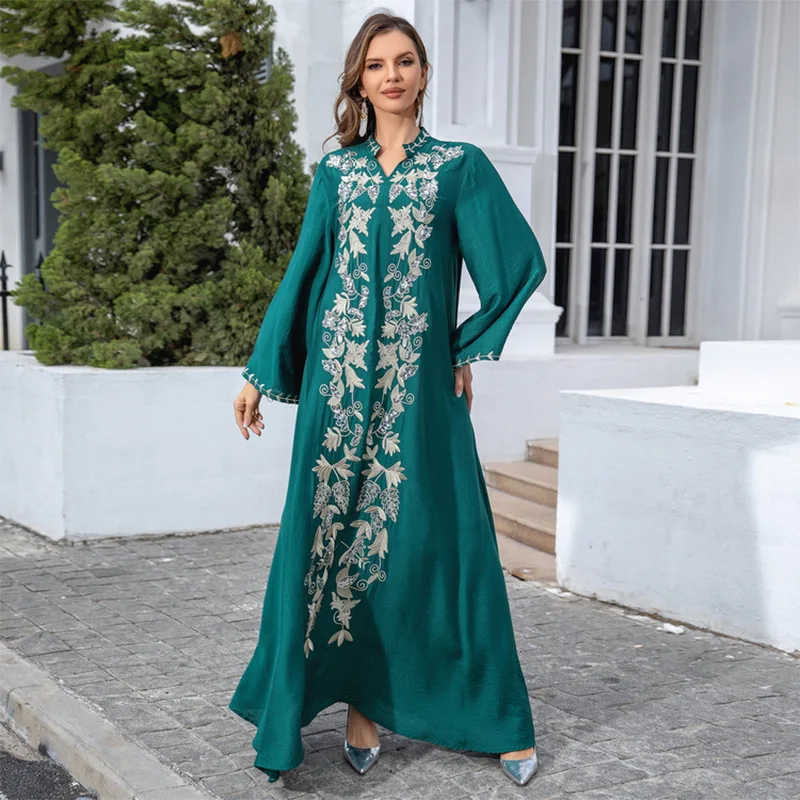 Abaya For Women Fashion Dubai O-neck Arab Versatile Robe Long Sleeves Dress Embroidery Long Dress Muslim Ramadan Gurban Abaya