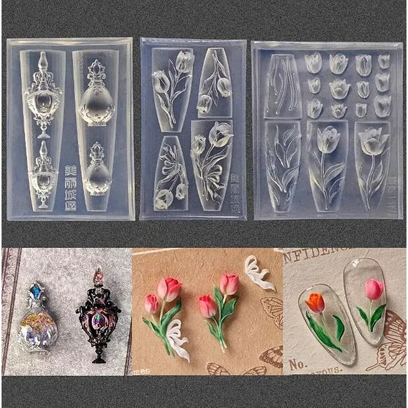 

1pc DIY Silicone Nails Mold Cream Punk Rabbit Flower Ribbon Rose Tulip Mold lily 3D Acrylic Mold Nail Art Decorations Nails