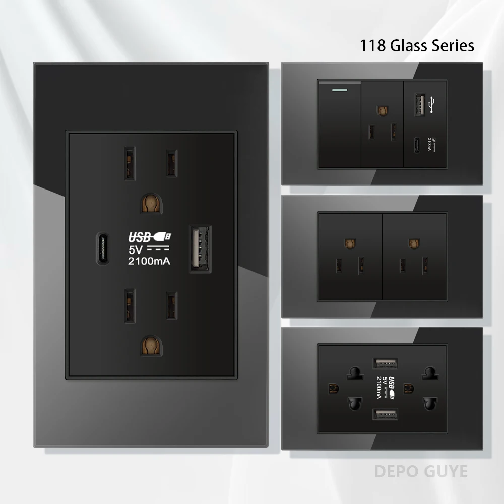 US Standard Black Tempered Glass Type-c Quick Charger Wall Socket Electrical Light Switch,American Thai Dual USB Power Outlet