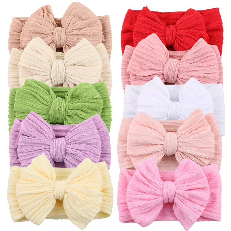 

10Pcs/Lot Solid Nylon Fabric Baby Turban Headbands Elastic Jacquard Bow Tie Hair Bands Big Bowknot Headwraps Hair Accessories