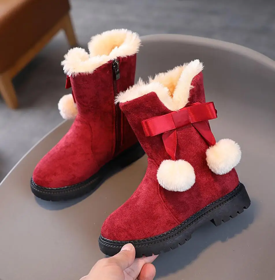 

Children Snow Boots Winter Warm Kids Cotton Shoes Fashion Bow Waterproof Girls Princess SNOW Boots Size 26-36 Baby Plush Shoes