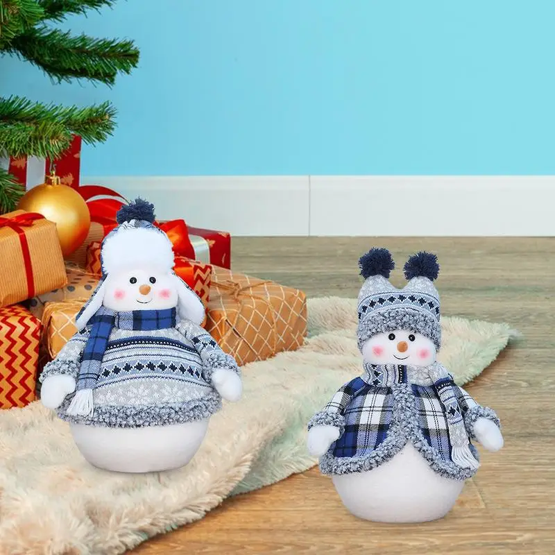 

Knitted Snowman Dolls Soft Standing Blue Snowman Figurine Adorable Santa Claus New Year Ornament for Christmas Decor Gifts