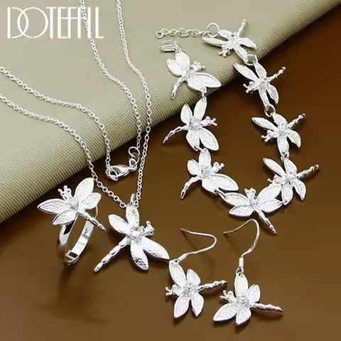 DOTEFFIL 925 Sterling Silver Dragonfly AAA Zircon Necklace Bracelet Earring Ring Set For Woman Wedding Engagement Party Jewelry